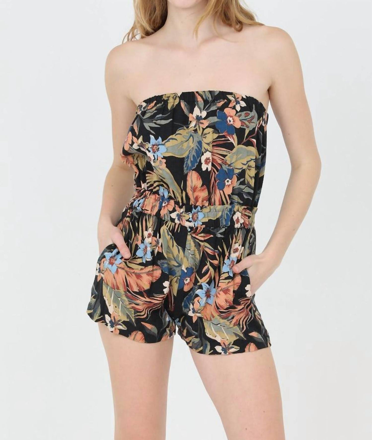 Angie - Strapless Tropical Print Romper With Pockets