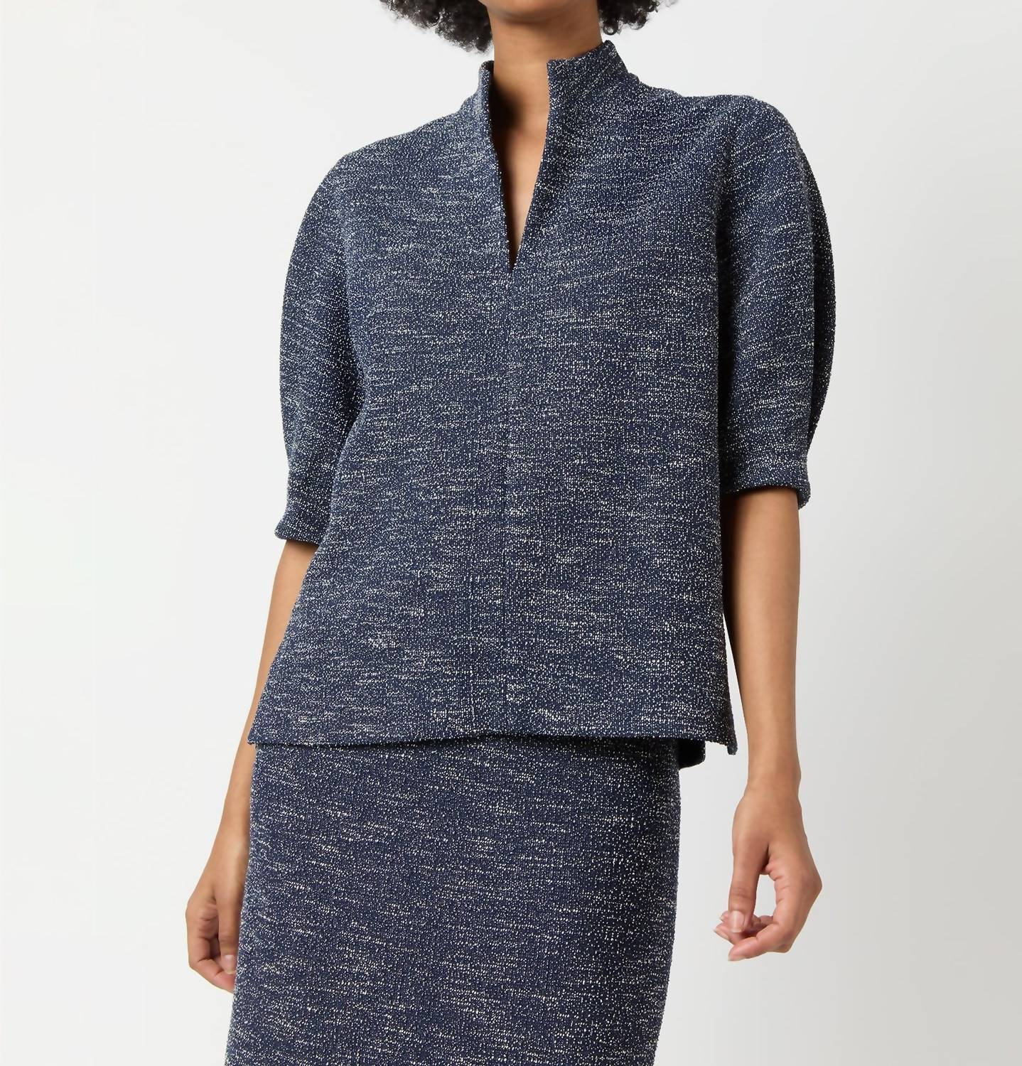 Ann Mashburn - Violetta Eblow Sleeve Textured Top - blouses - blue - clothing