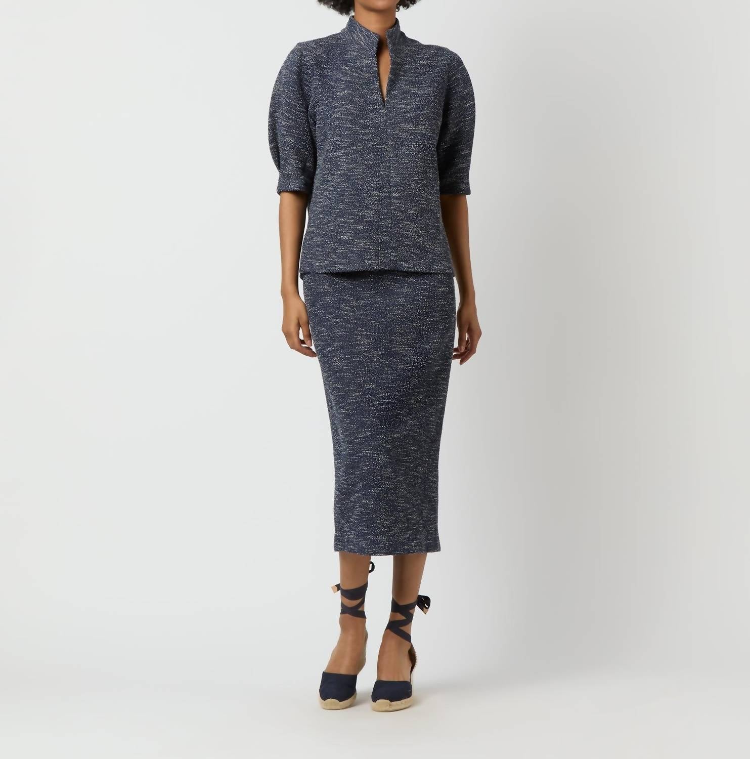 Ann Mashburn - Violetta Eblow Sleeve Textured Top - blouses - blue - clothing