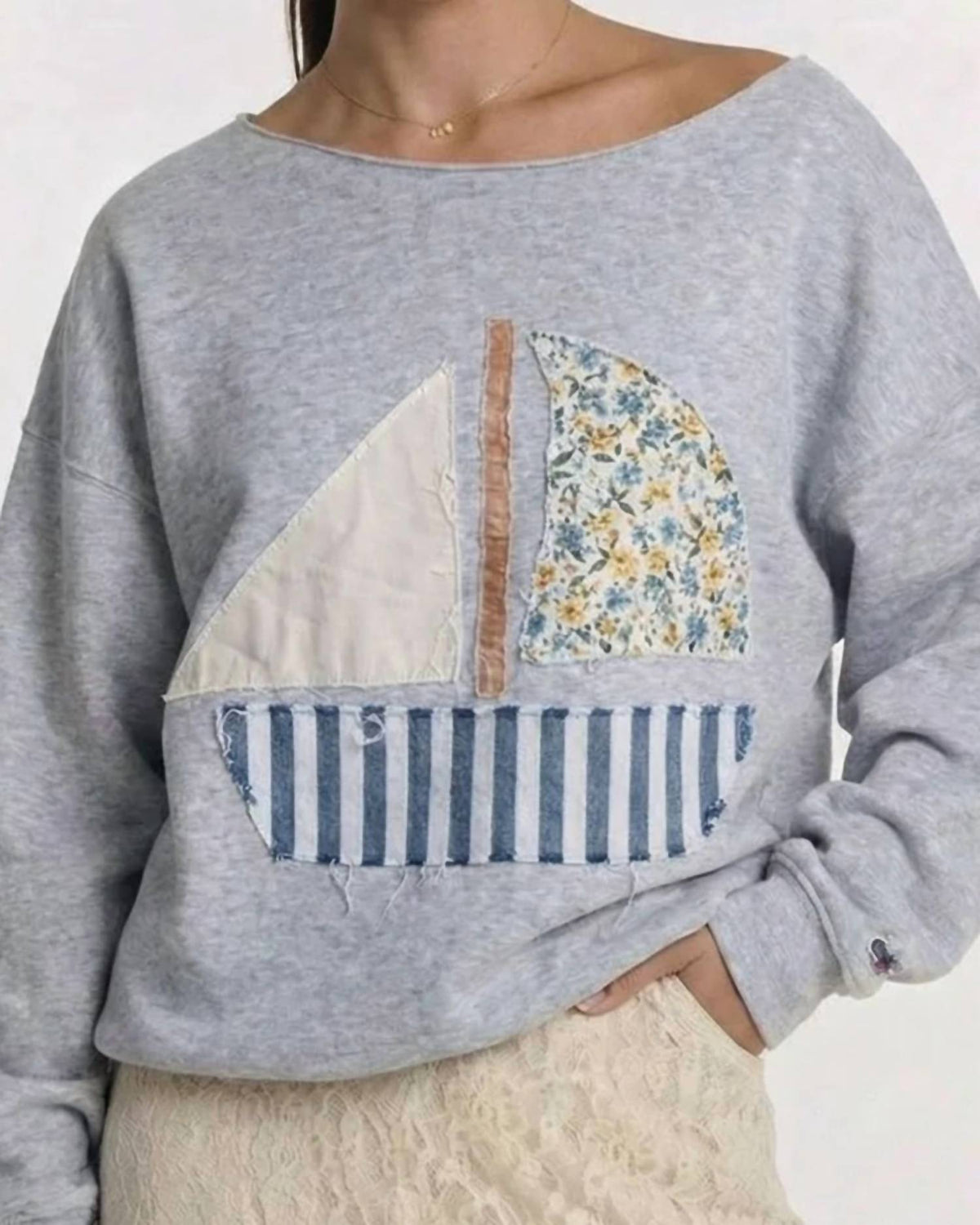 Anna-Kaci - Long Sleeve Top with Sailboat Appliqué