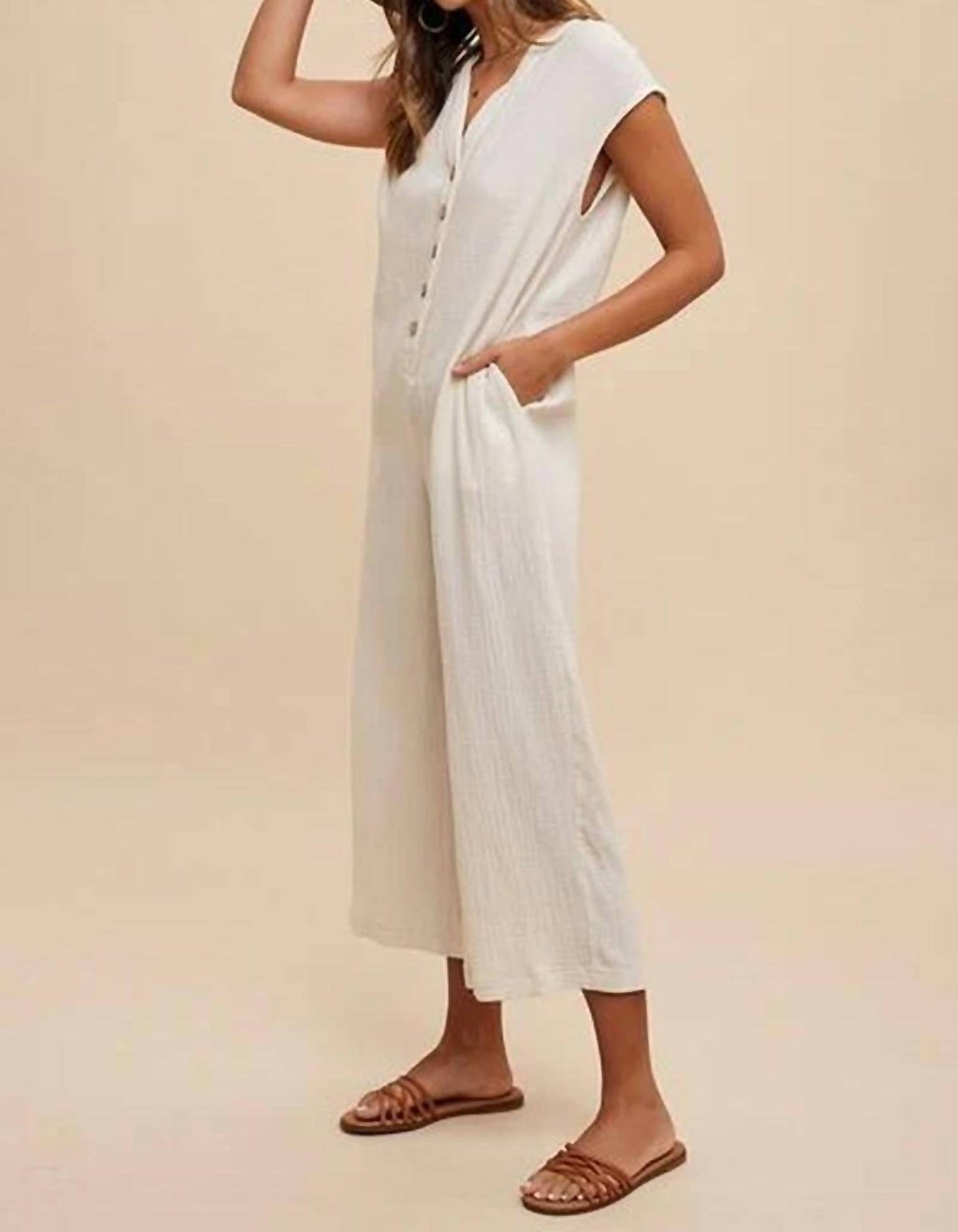 Anniewear - Cotton Guaze Button Down Jumpsuit