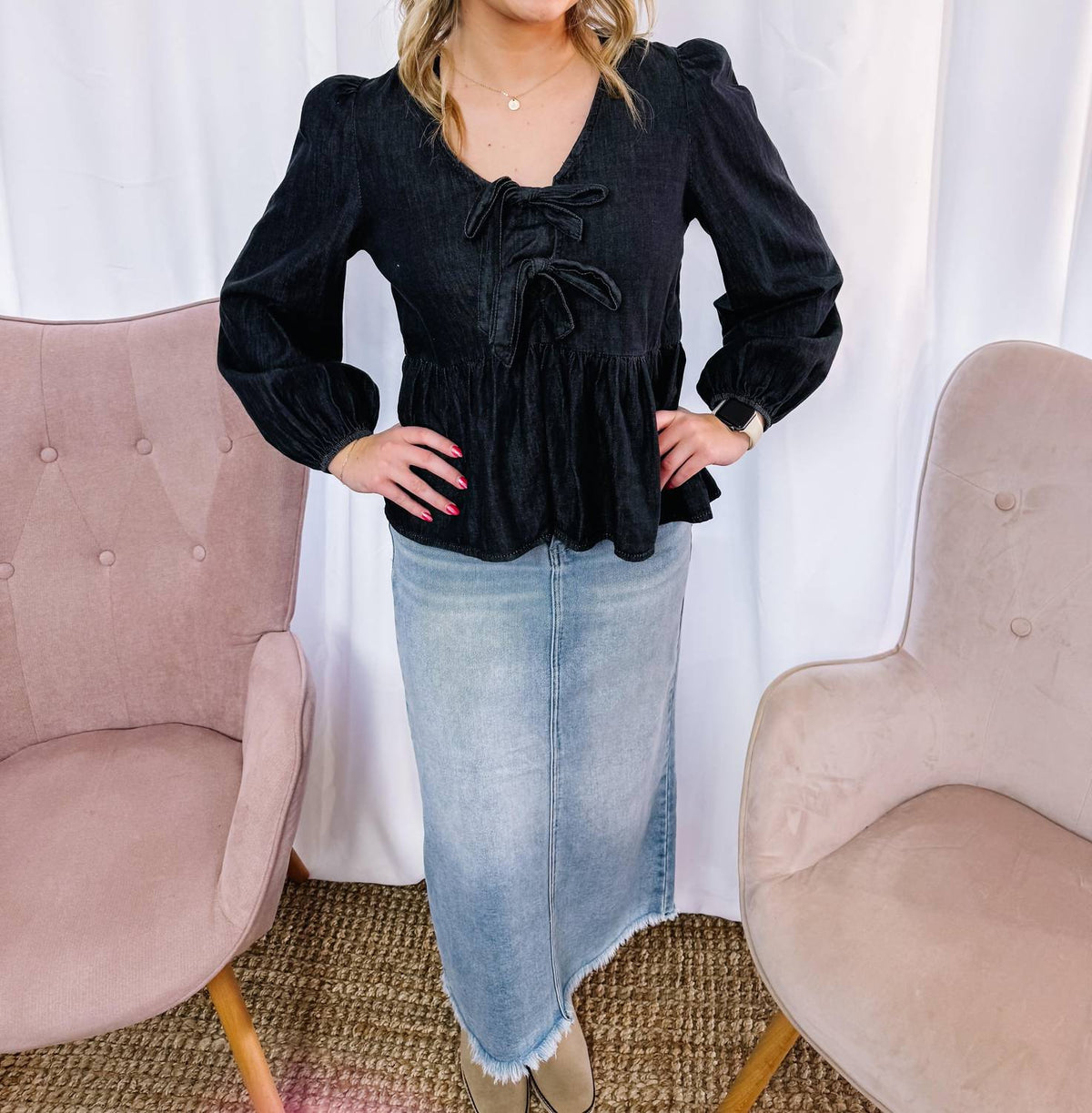 Anniewear - Deaunn Denim Tie Front Peplum Blouse