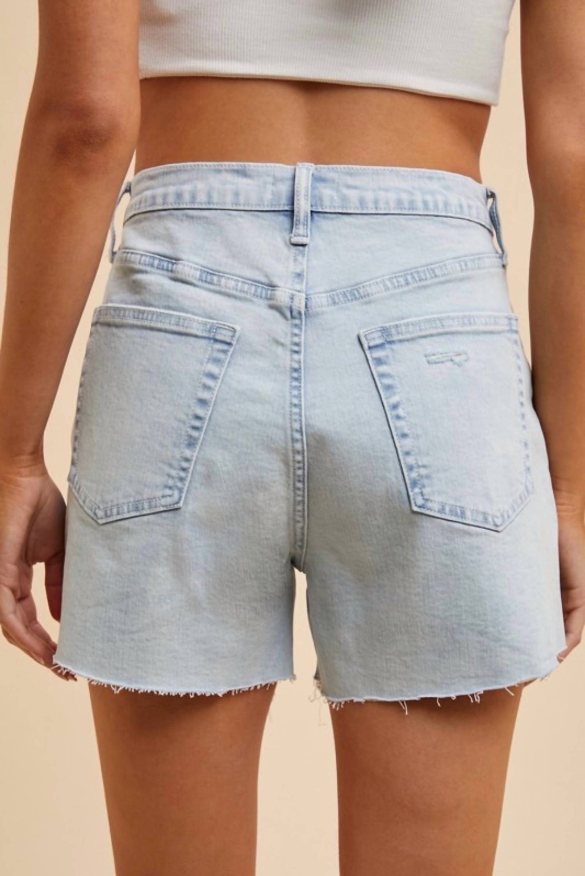 Anniewear - High Rise Distress Hem Denim Shorts