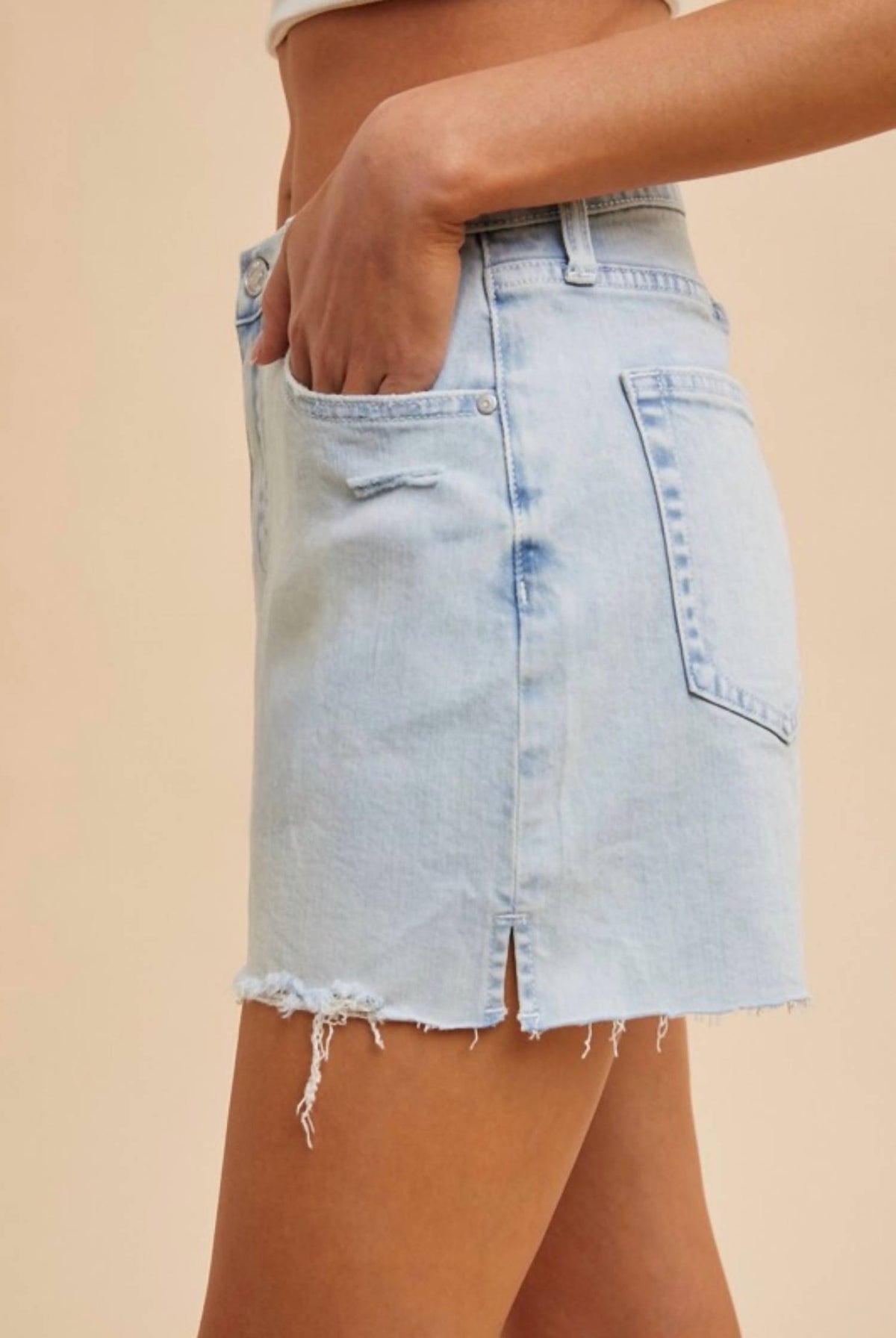 Anniewear - High Rise Distress Hem Denim Shorts