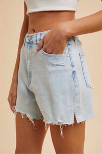 Anniewear - High Rise Distress Hem Denim Shorts