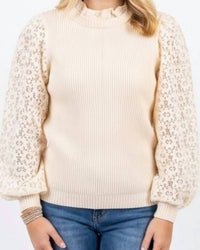 Anniewear - Lace Sleeve Ribbed Sweater