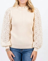 Anniewear - Lace Sleeve Ribbed Sweater