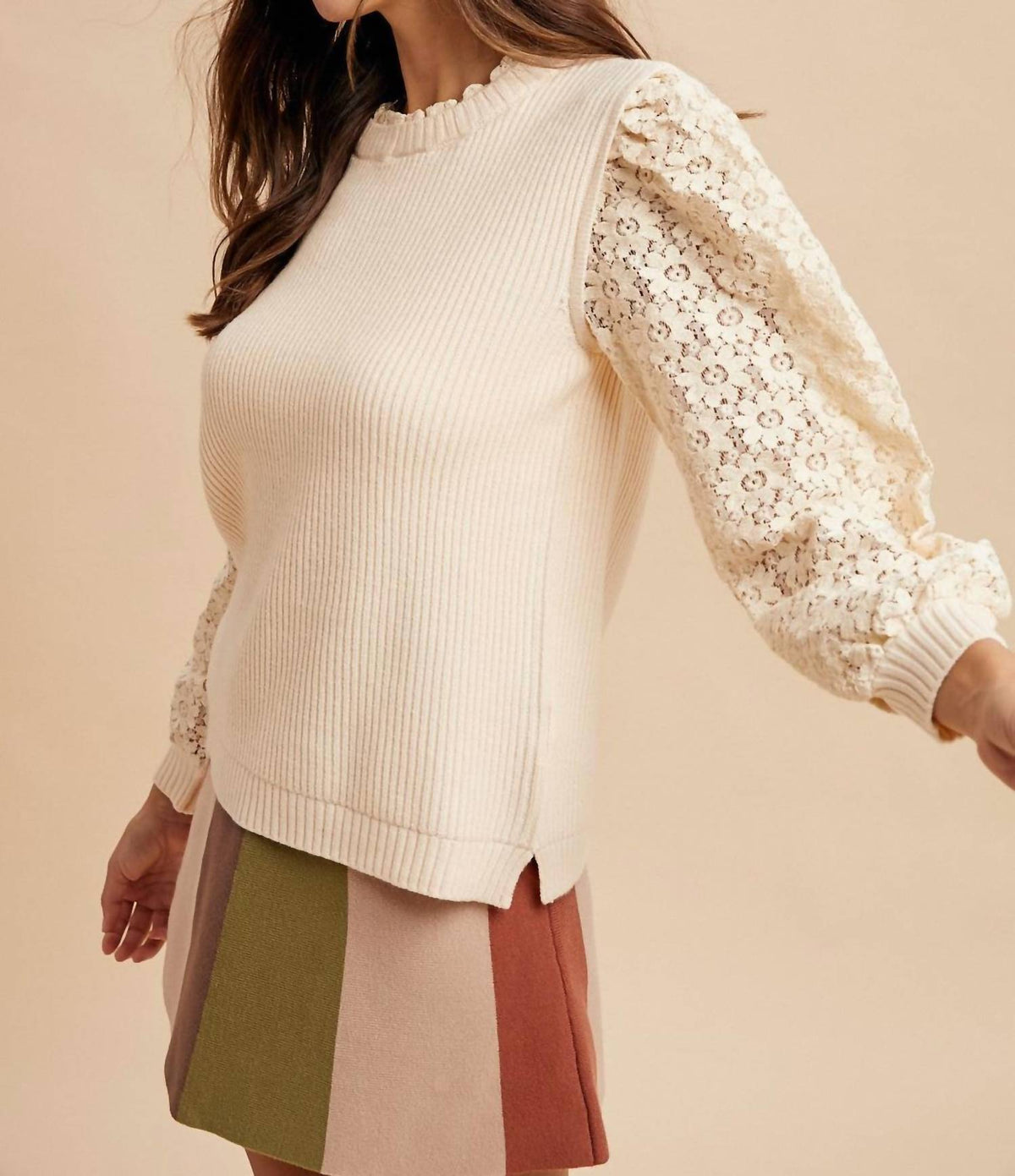Anniewear - Mixed Media Mock Neck Sweater