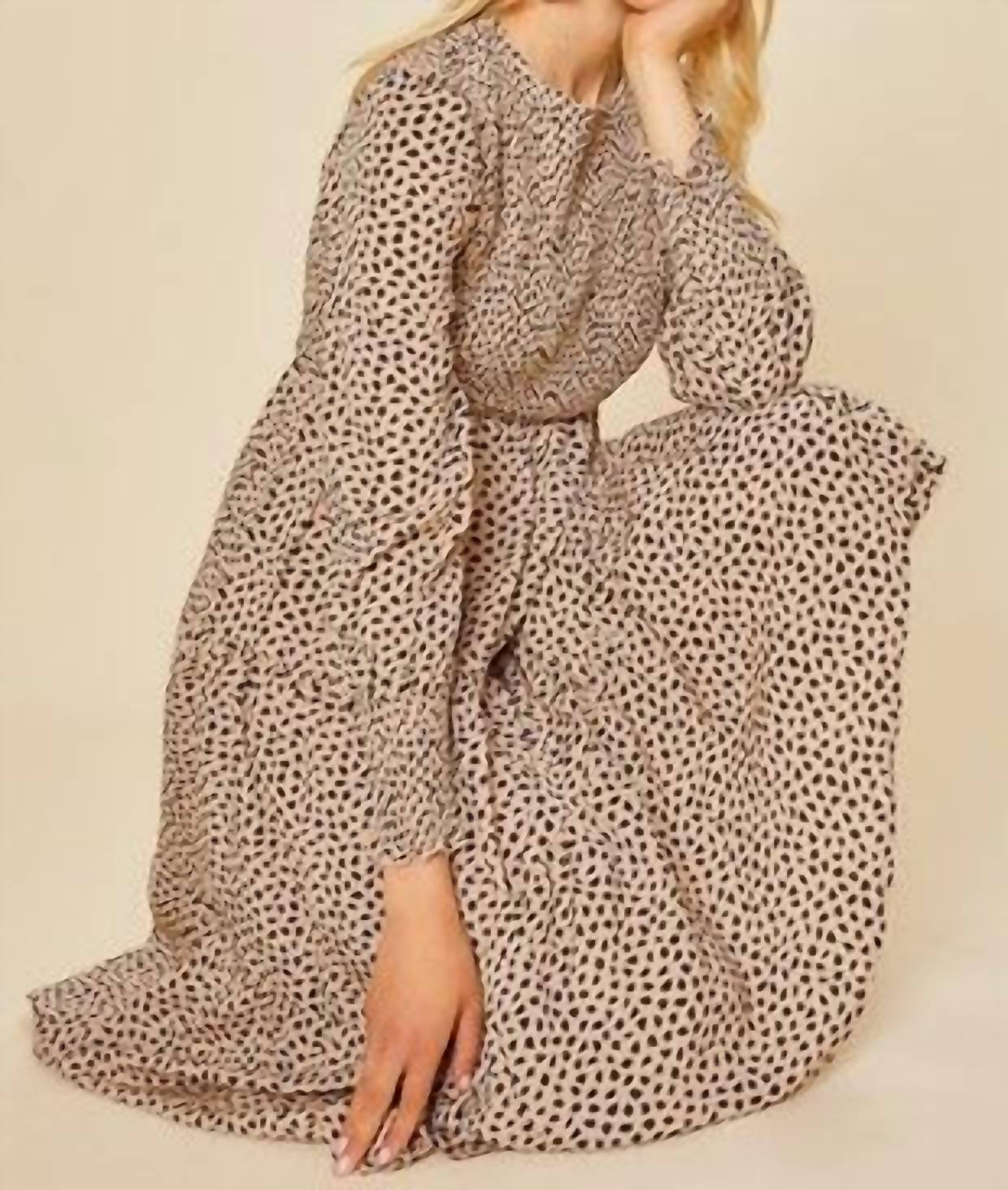 Anniewear - Smocking Bodice Tiered Midi Dress - animal - beige - clothing