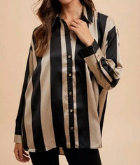 Anniewear - Wide Striped Satin Effect Relaxed Fit Woven Blouse - black - blouses - clothing