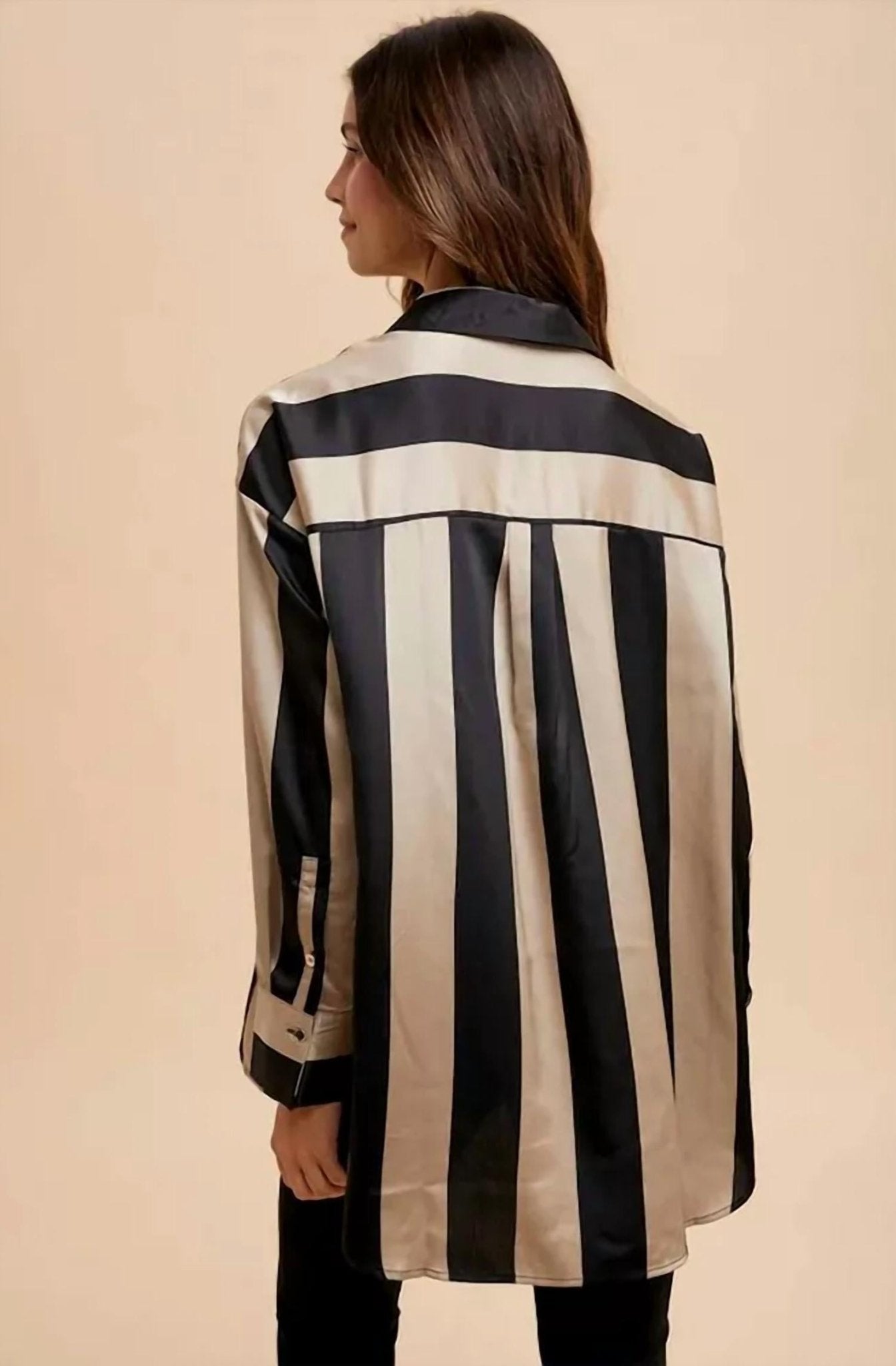 Anniewear - Wide Striped Satin Effect Relaxed Fit Woven Blouse - black - blouses - clothing