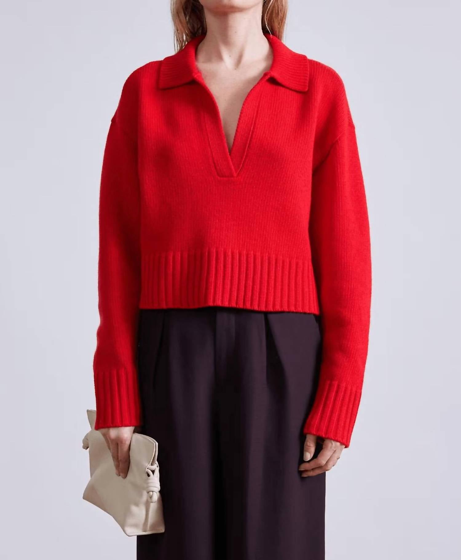 Apiece Apart - Split Neck Henley Sweater - clothing - red - shirts