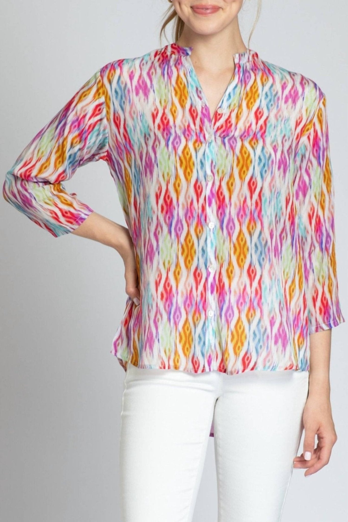 Apny - 3/4 Sleeve Mandarin Collar Button - up Top - button - down - shirts - clothing - patterned