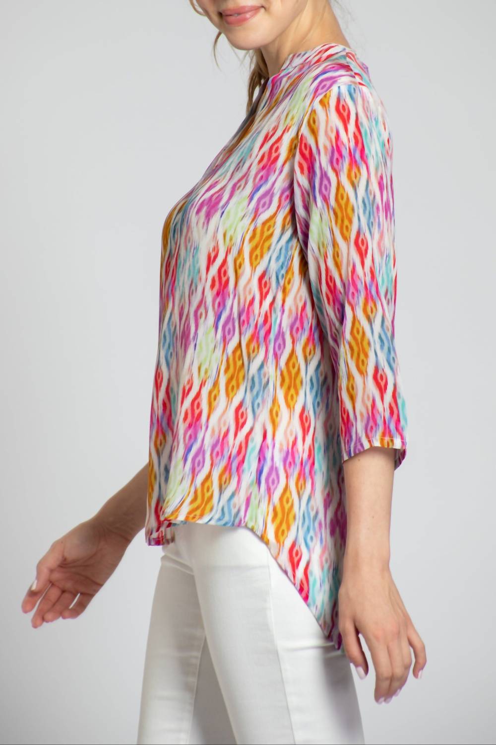 Apny - 3/4 Sleeve Mandarin Collar Button - up Top - button - down - shirts - clothing - patterned