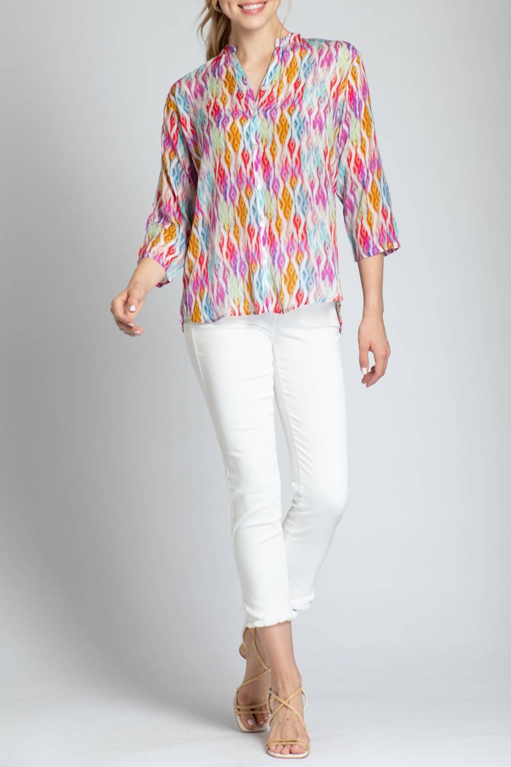 Apny - 3/4 Sleeve Mandarin Collar Button - up Top - button - down - shirts - clothing - patterned