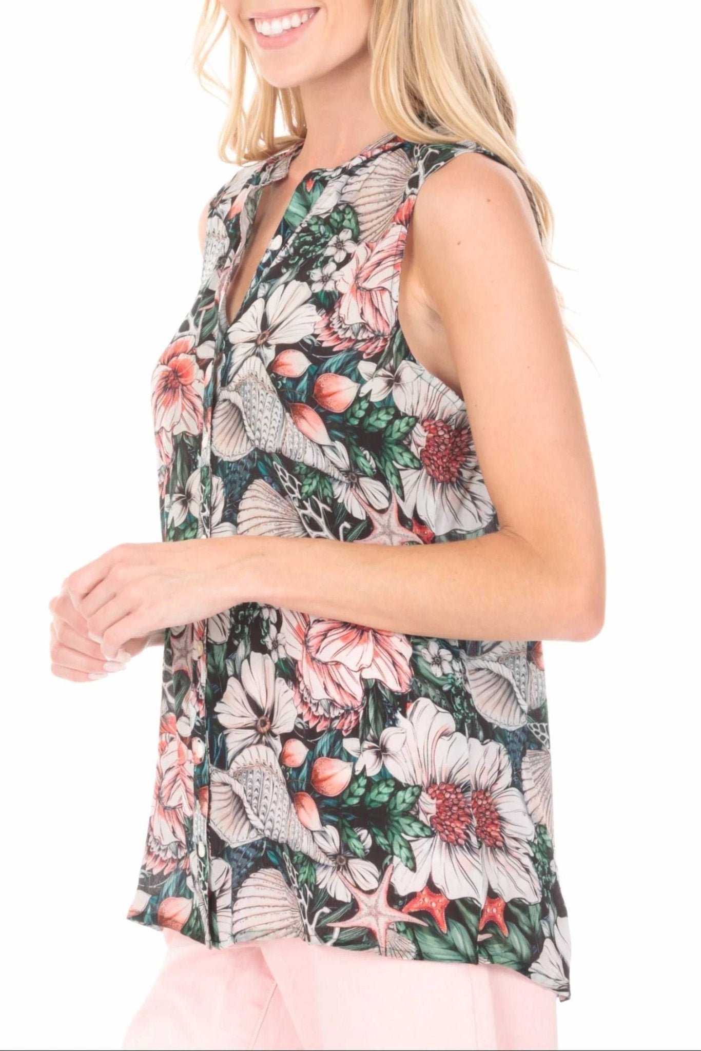 Apny - Button Up Tank Top - clothing - floral - green