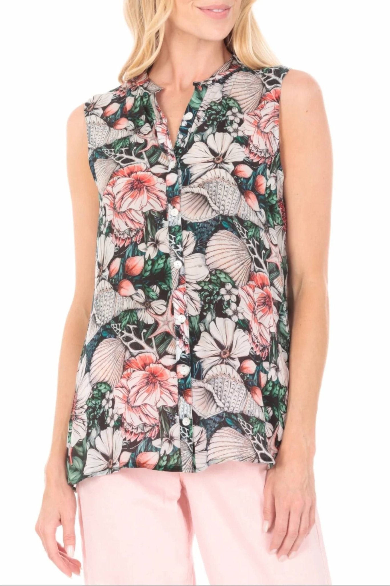 Apny - Button Up Tank Top - clothing - floral - green