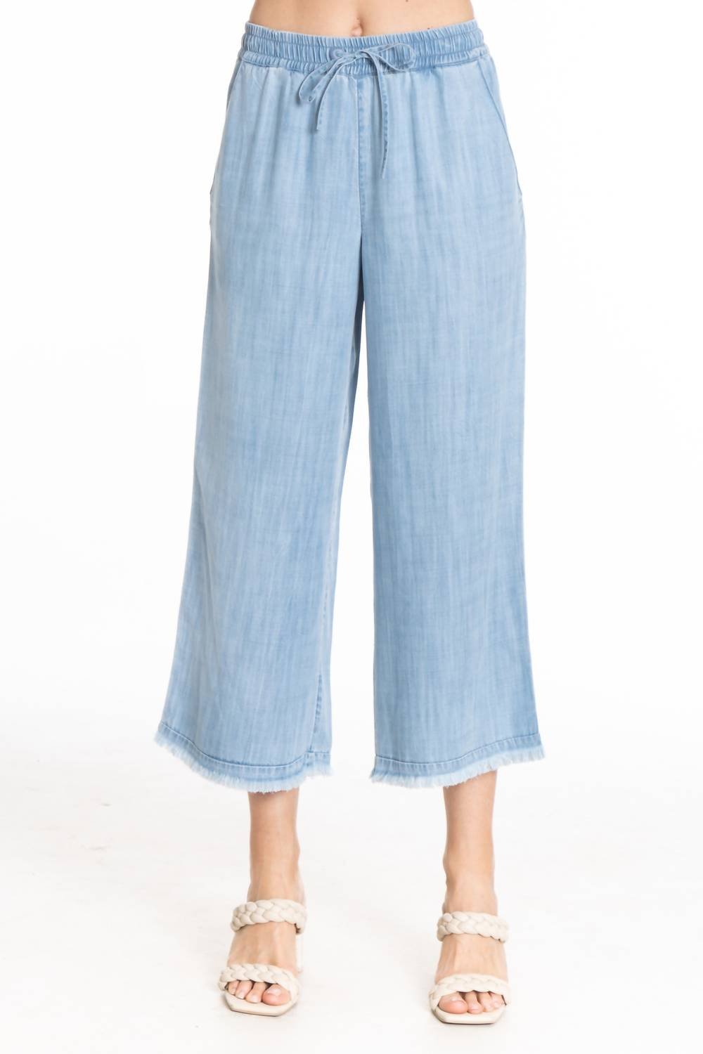 Apny - Crop Wide Leg With Fray Hem Pants - blue - clothing - pants