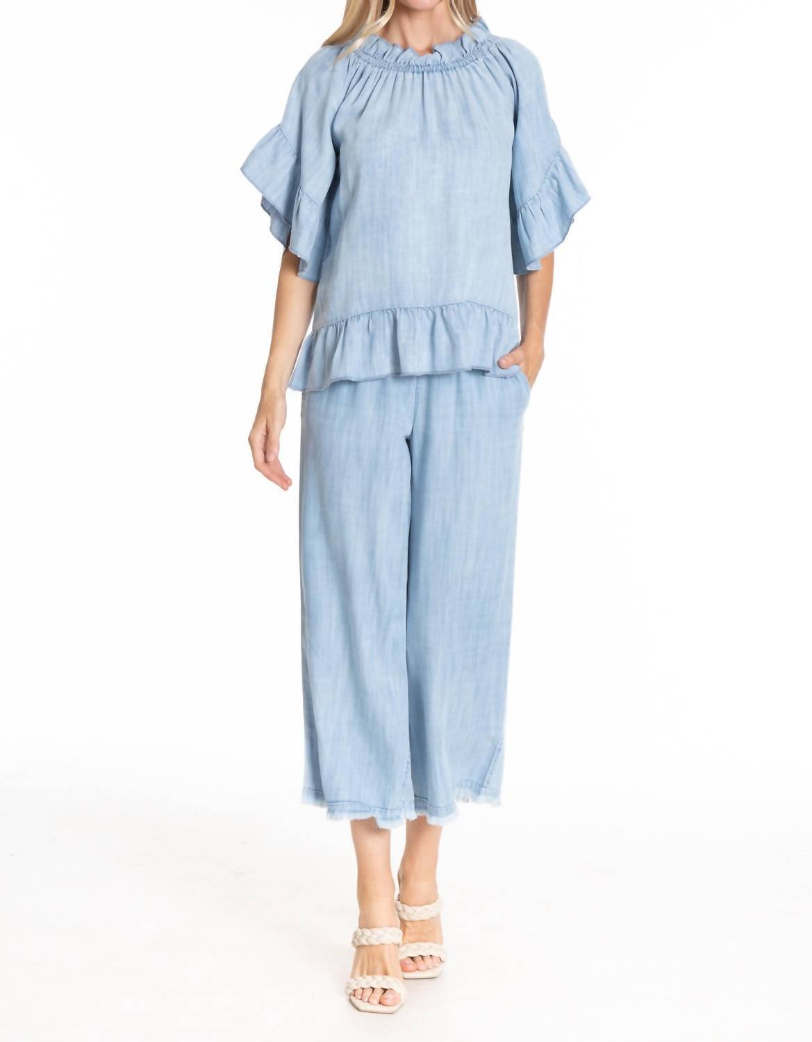 Apny - Crop Wide Leg With Fray Hem Pants - blue - clothing - pants