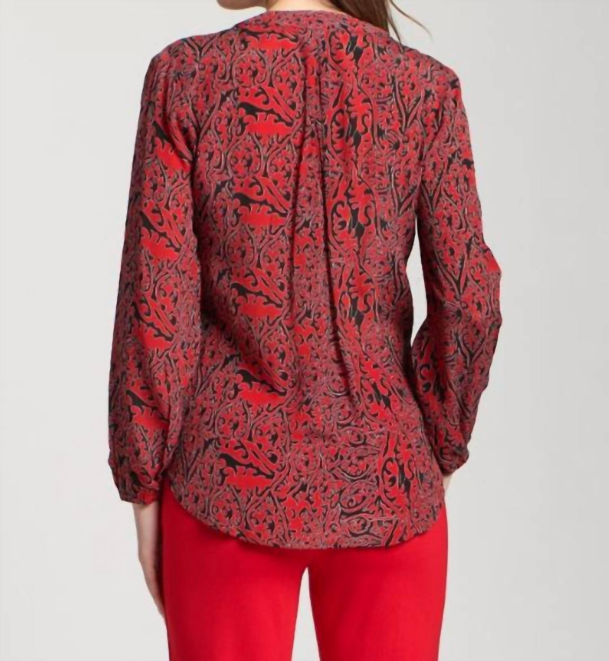 Apny - Crossover Printed Long Sleeve Blouse