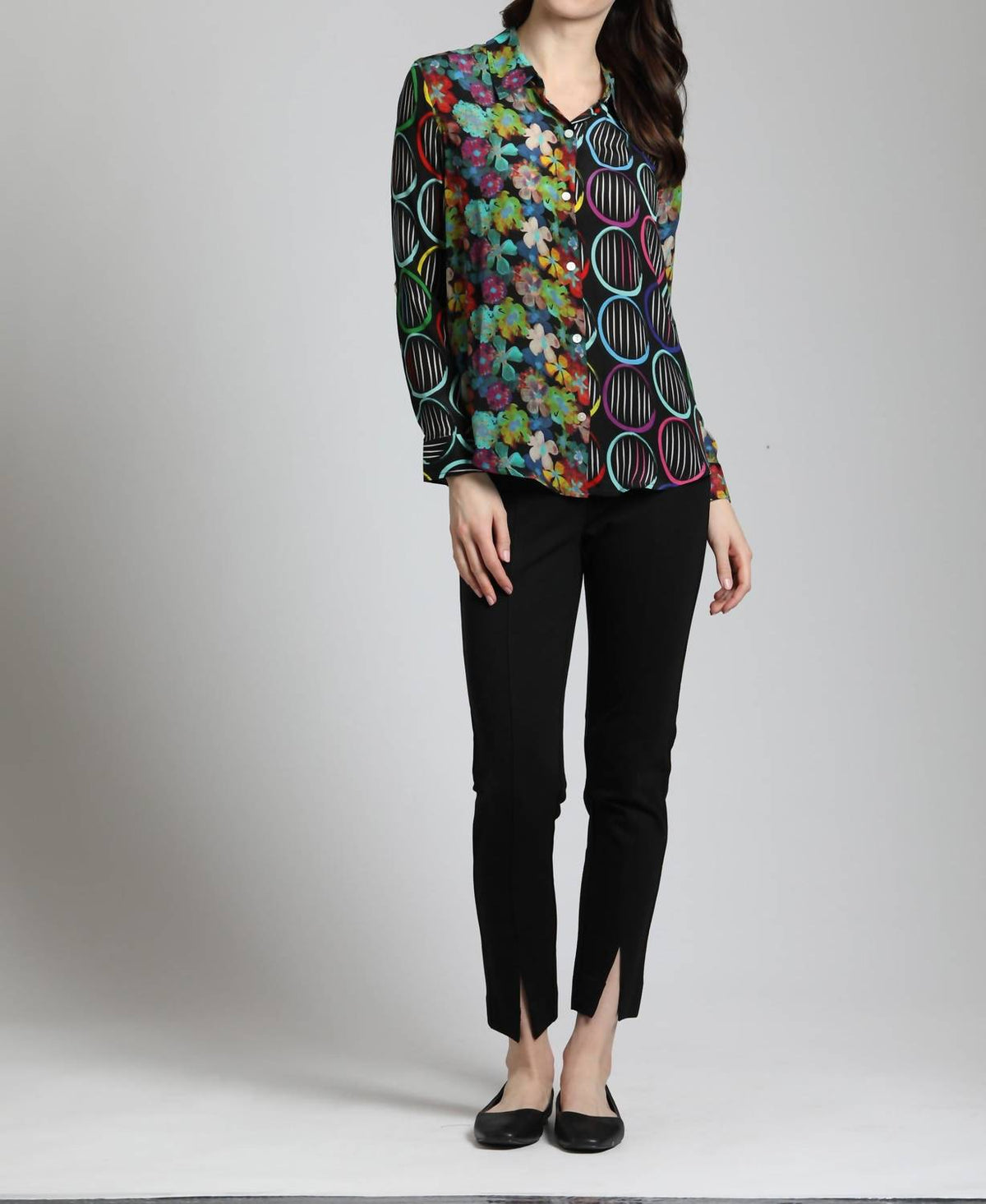 Apny - Mixed Pattern Printed Button-Up Blouse