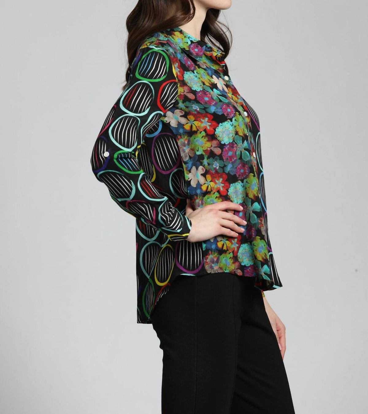 Apny - Mixed Pattern Printed Button-Up Blouse