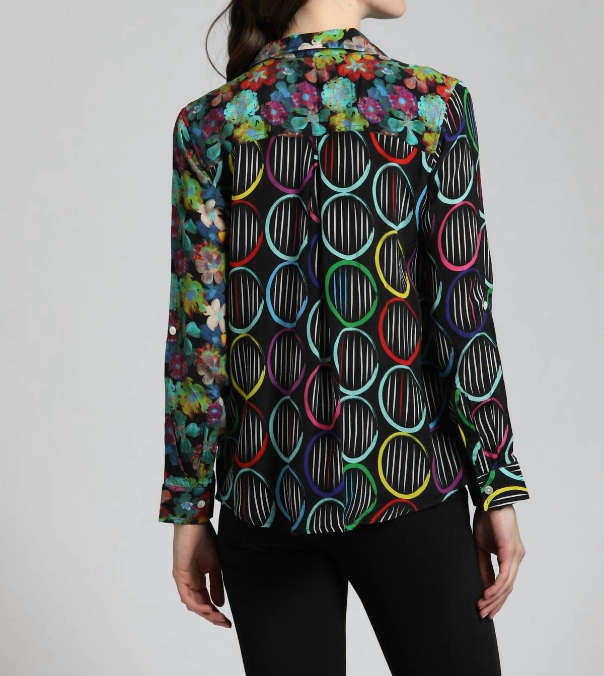 Apny - Mixed Pattern Printed Button-Up Blouse