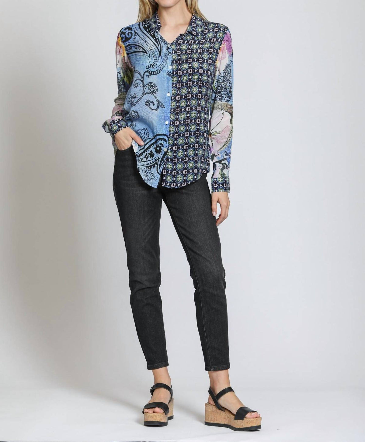 Apny - Mixed Print Button-up Blouse
