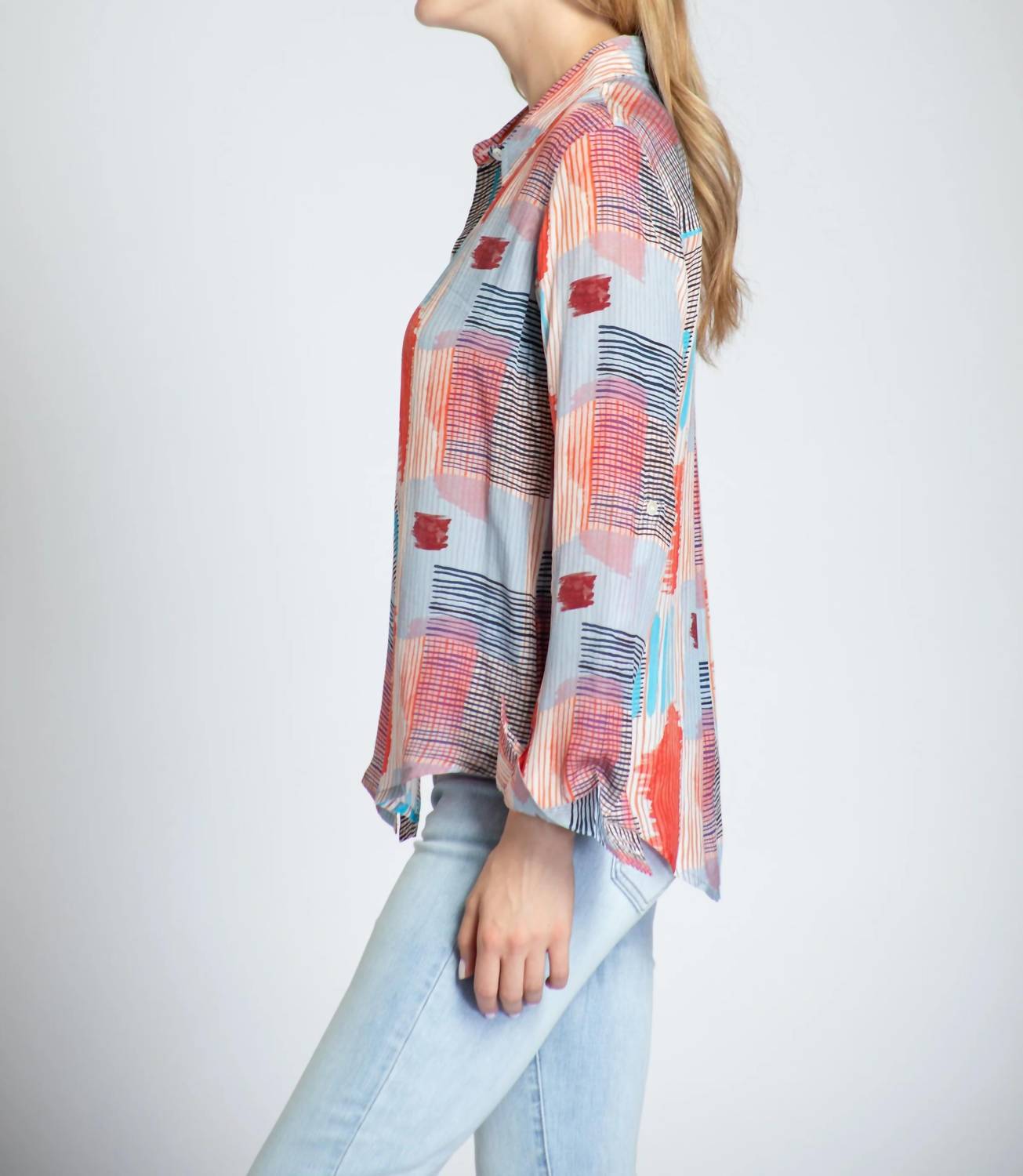 Apny - Roll Sleeve Button Up Top - button - down - shirts - clothing - patterned