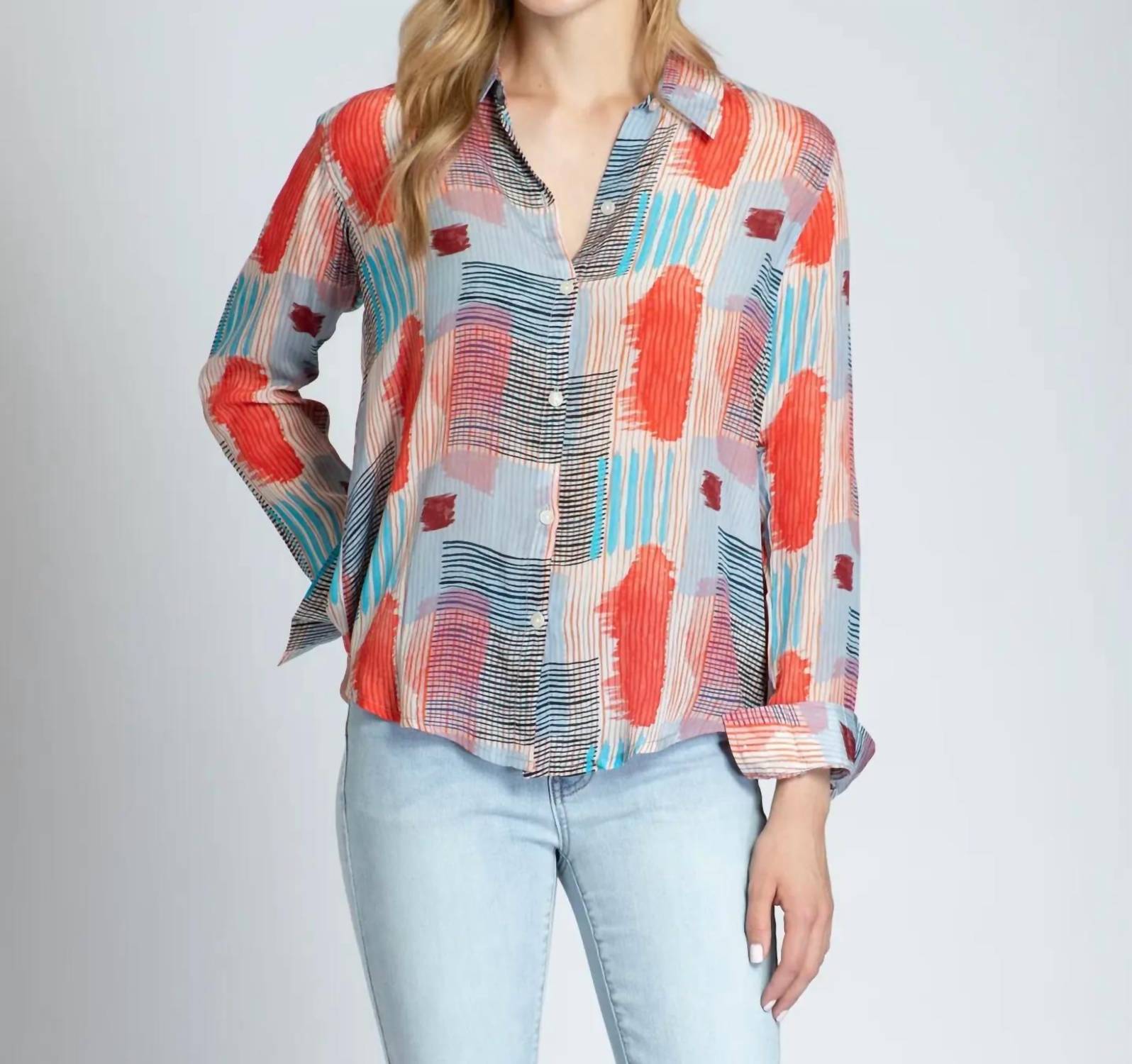 Apny - Roll Sleeve Button Up Top - button - down - shirts - clothing - patterned