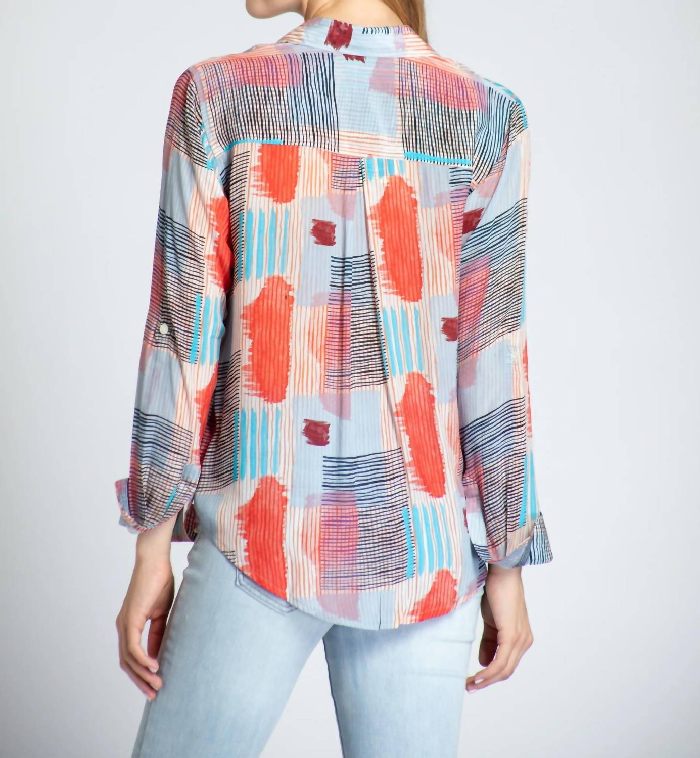 Apny - Roll Sleeve Button Up Top - button - down - shirts - clothing - patterned