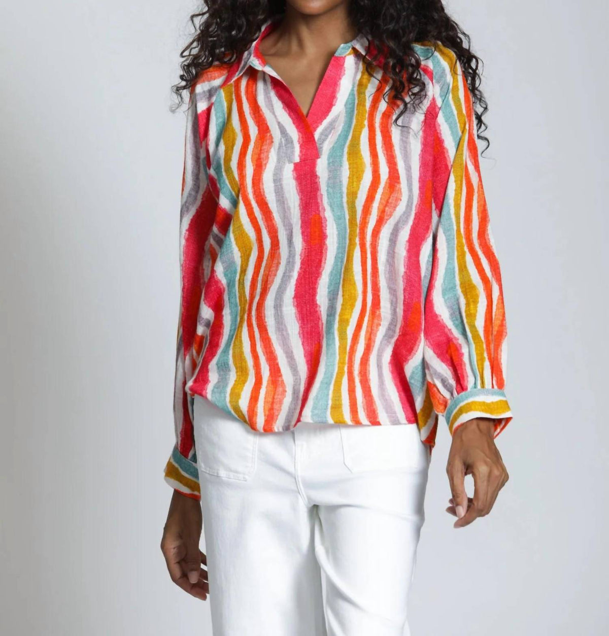 Apny - Stripe Half-placket Pullover Blouse