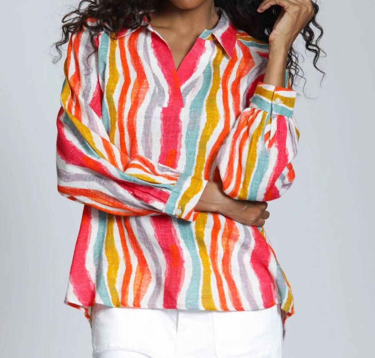 Apny - Stripe Half-placket Pullover Blouse