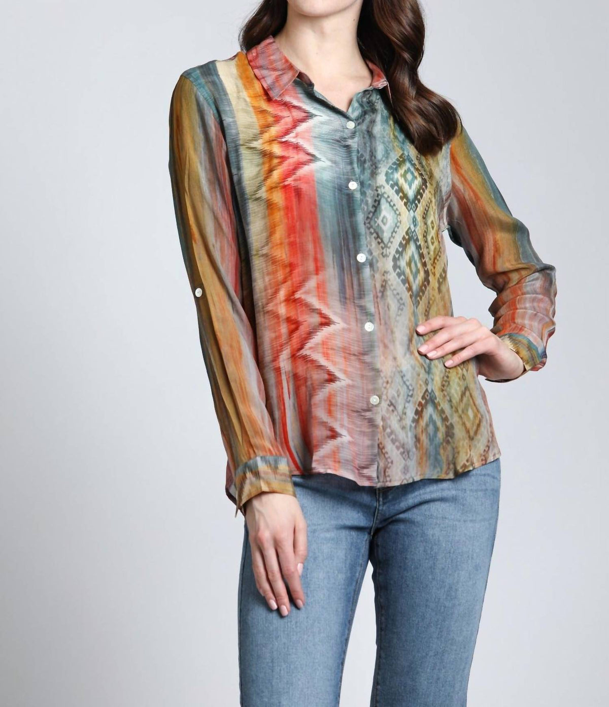 Apny - Waves & Rhombus Print Button Up Blouse