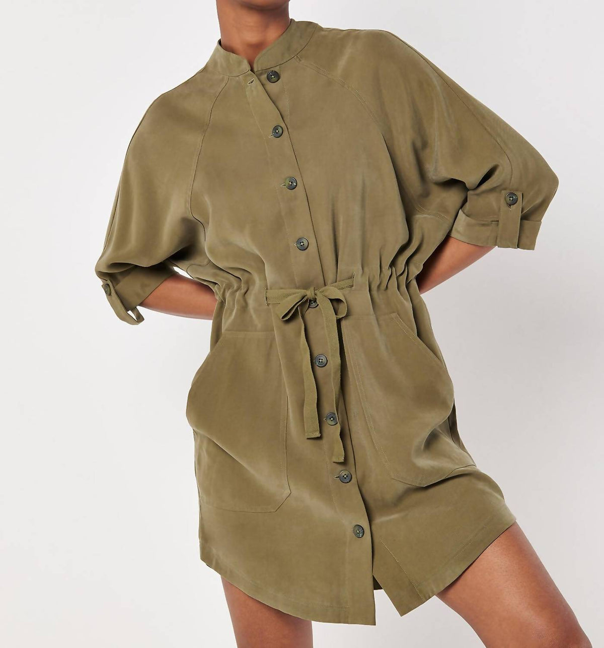 Apricot - Drawstring Shirt Batwing Dress