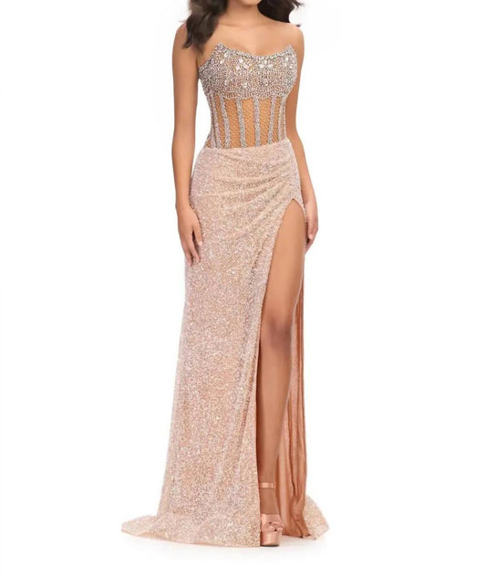 Ashleylauren - Dazzling Fully Hand Beaded Gown - beige - clothing - dresses