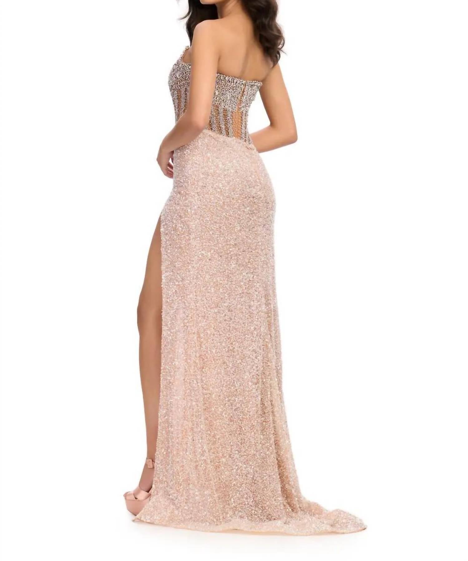 Ashleylauren - Dazzling Fully Hand Beaded Gown - beige - clothing - dresses