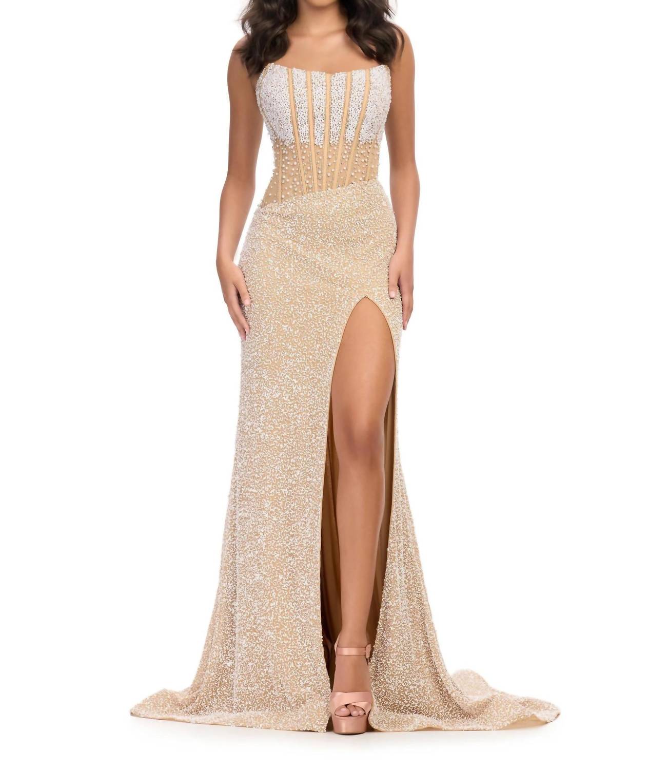 Ashleylauren - Fully Beaded Strapless Gown - beige - clothing - dresses