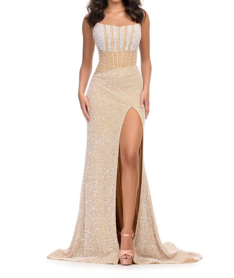 Ashleylauren - Fully Beaded Strapless Gown - beige - clothing - dresses