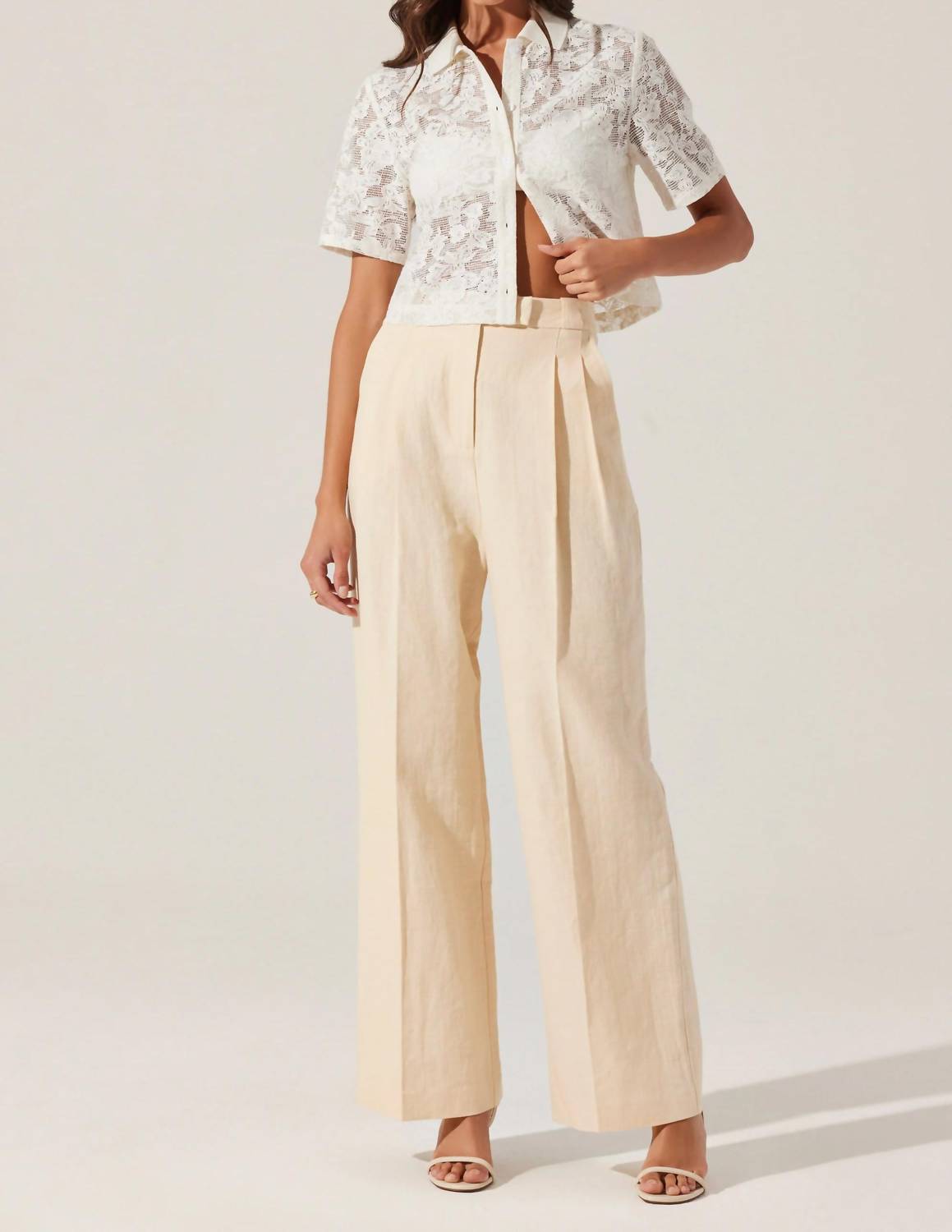 Astr - Bryony Linen Blend Pleated Pants - beige - clothing - cotton - blend