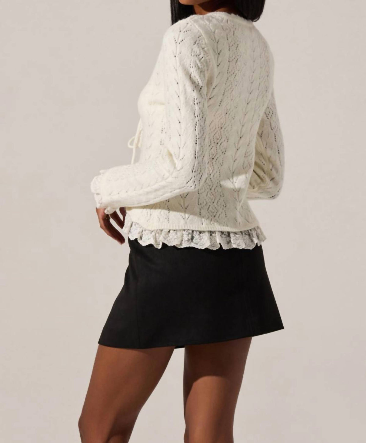 Astr - Lacey Pointelle Tie-front Cardigan