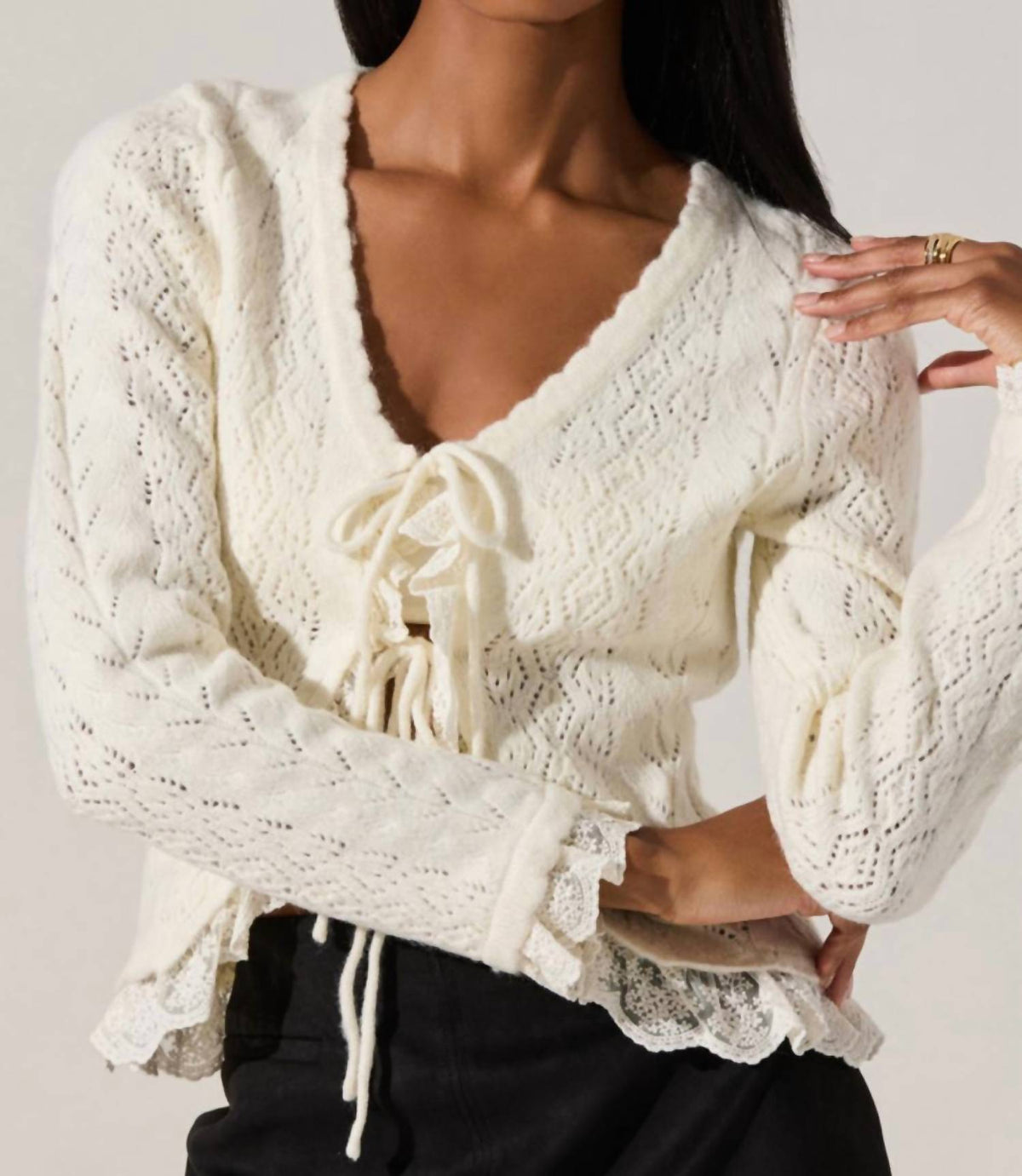 Astr - Lacey Pointelle Tie-front Cardigan