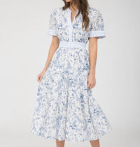 August Sky - Blooming Print Split Neck Short Sleeve Midi Dress