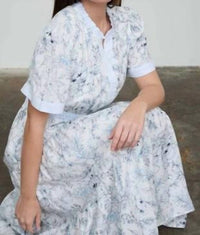 August Sky - Blooming Print Split Neck Short Sleeve Midi Dress