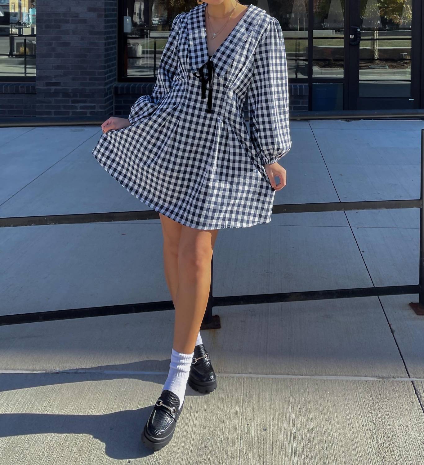 Aureum - Alice Gingham Mini Dress - blue - clothing - cotton - blend
