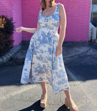 Aureum - French Cottage Toile Print Midi Dress - blue - clothing - dresses
