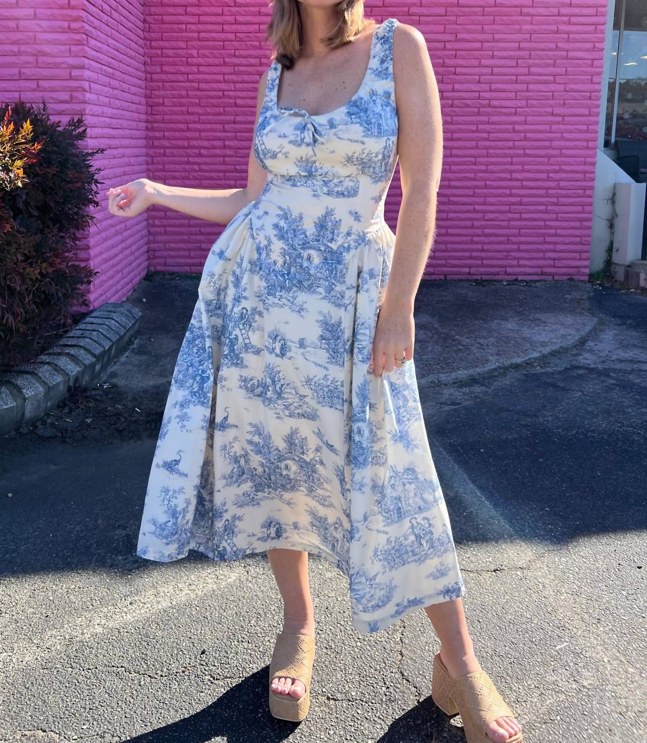 Aureum - French Cottage Toile Print Midi Dress - blue - clothing - dresses