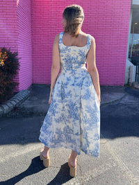 Aureum - French Cottage Toile Print Midi Dress - blue - clothing - dresses