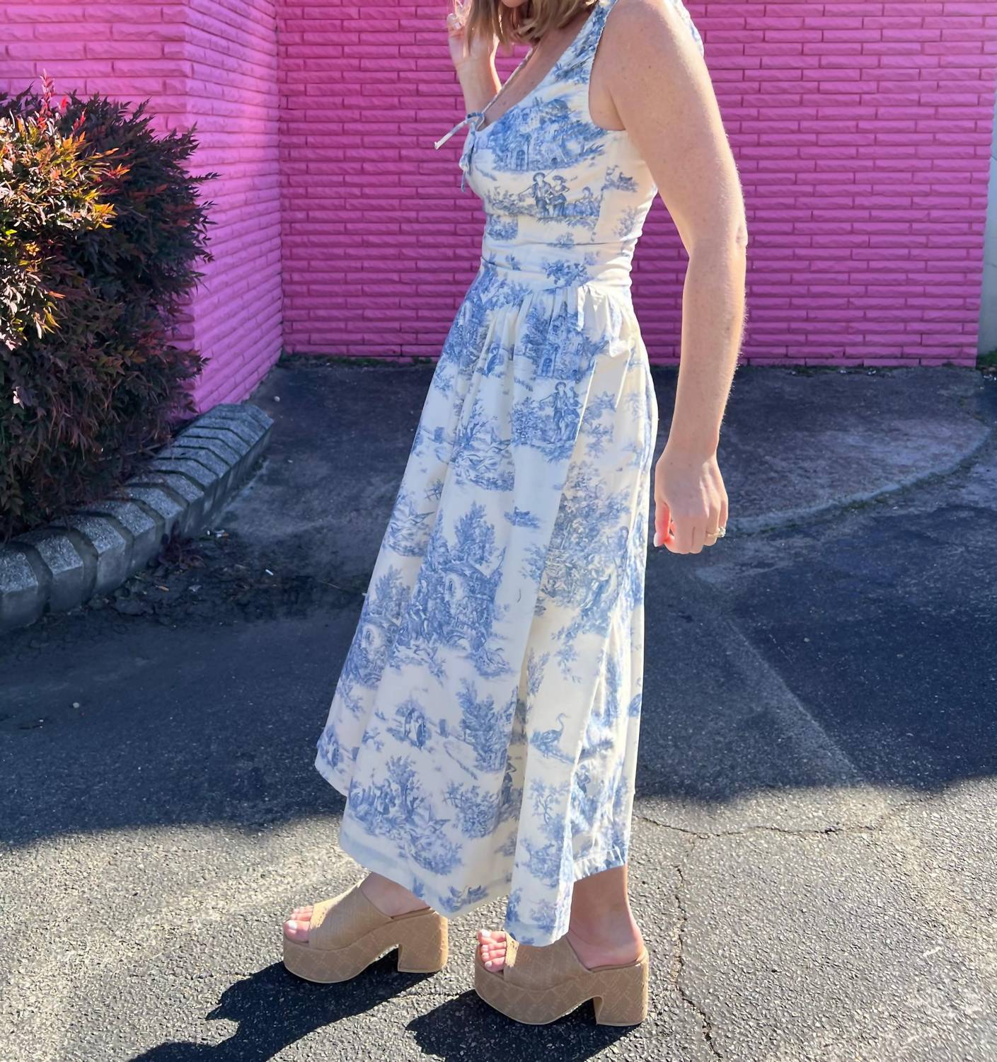 Aureum - French Cottage Toile Print Midi Dress - blue - clothing - dresses