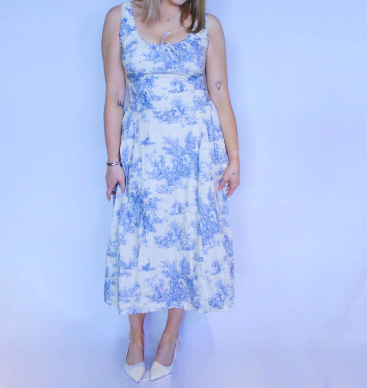 Aureum - French Cottage Toile Print Midi Dress - blue - clothing - dresses